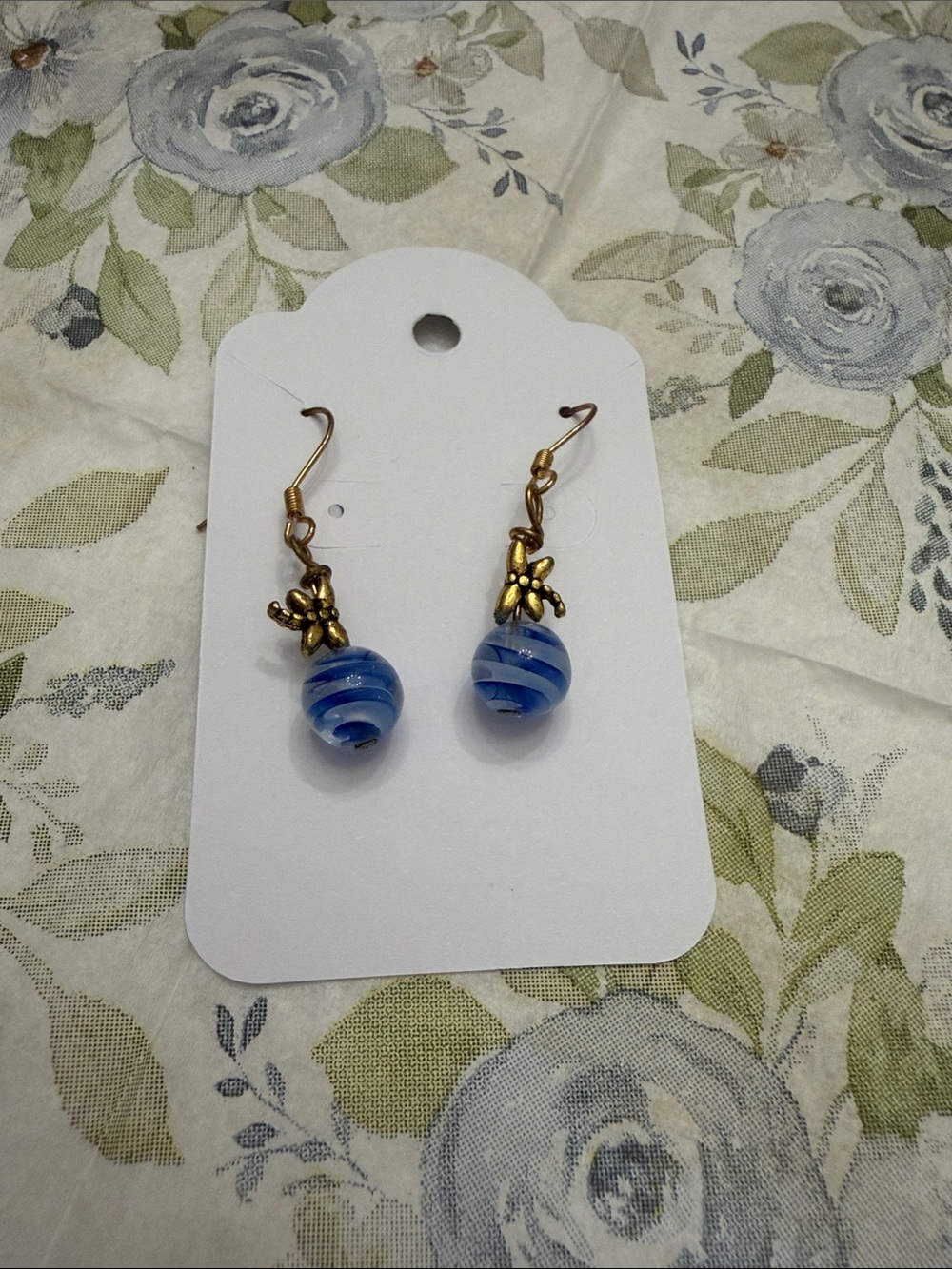 Blue Swirl Venetian Glass Bead Dangle Earrings with Brass dragonfly accent